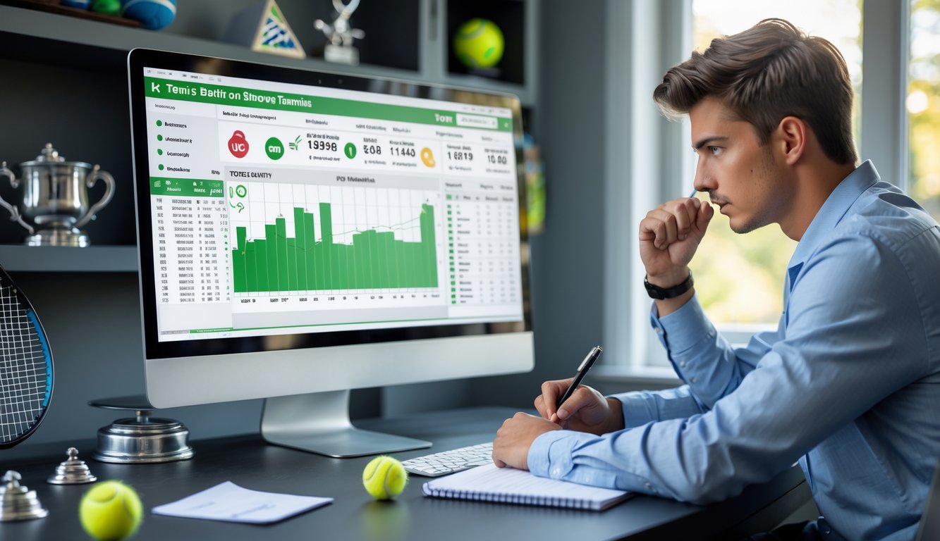 Seorang pria muda duduk di meja dengan laptop dan catatan, menganalisis strategi taruhan tenis di ruangan dengan peralatan tenis di latar belakang.