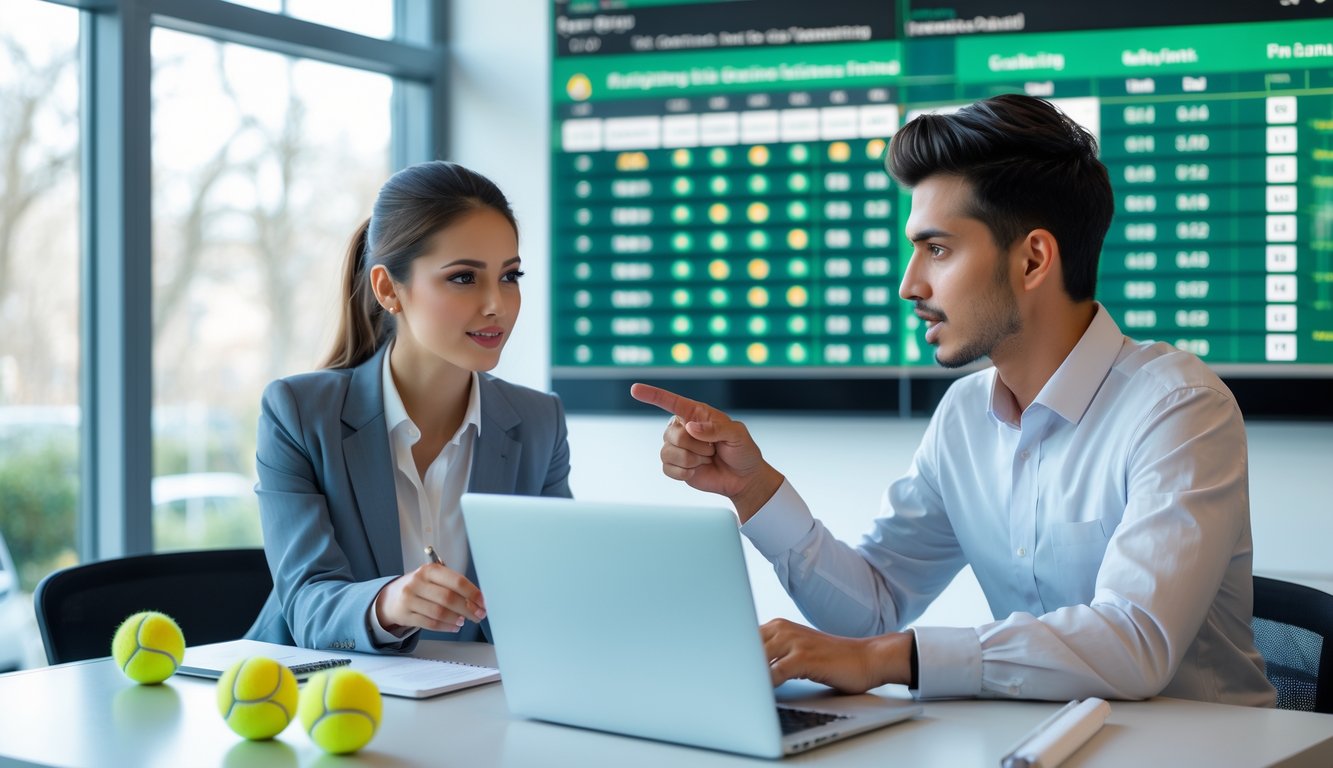 Dua orang muda sedang berdiskusi di meja dengan laptop dan layar yang menampilkan statistik tenis dan peluang taruhan.