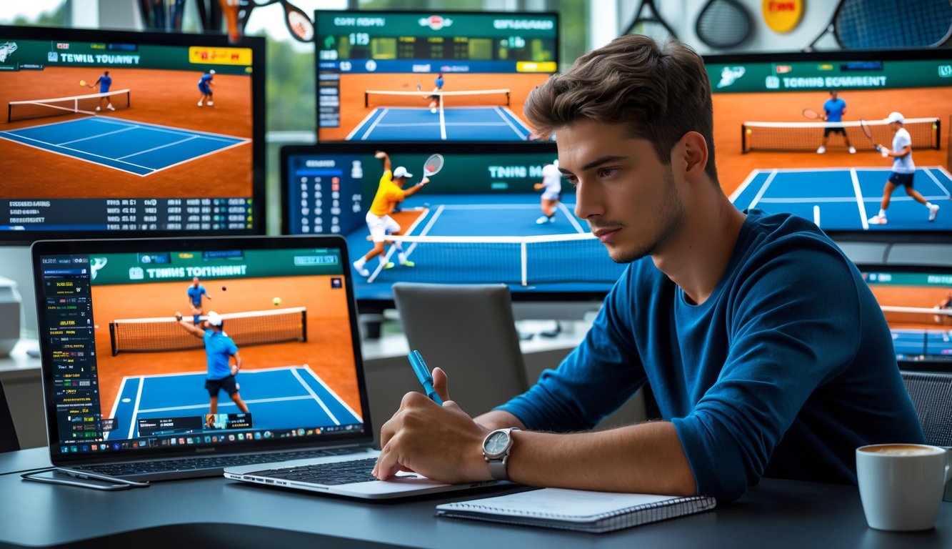 Seorang pria muda sedang duduk di meja dengan laptop dan beberapa layar menampilkan pertandingan tenis, fokus menganalisis data taruhan tenis.