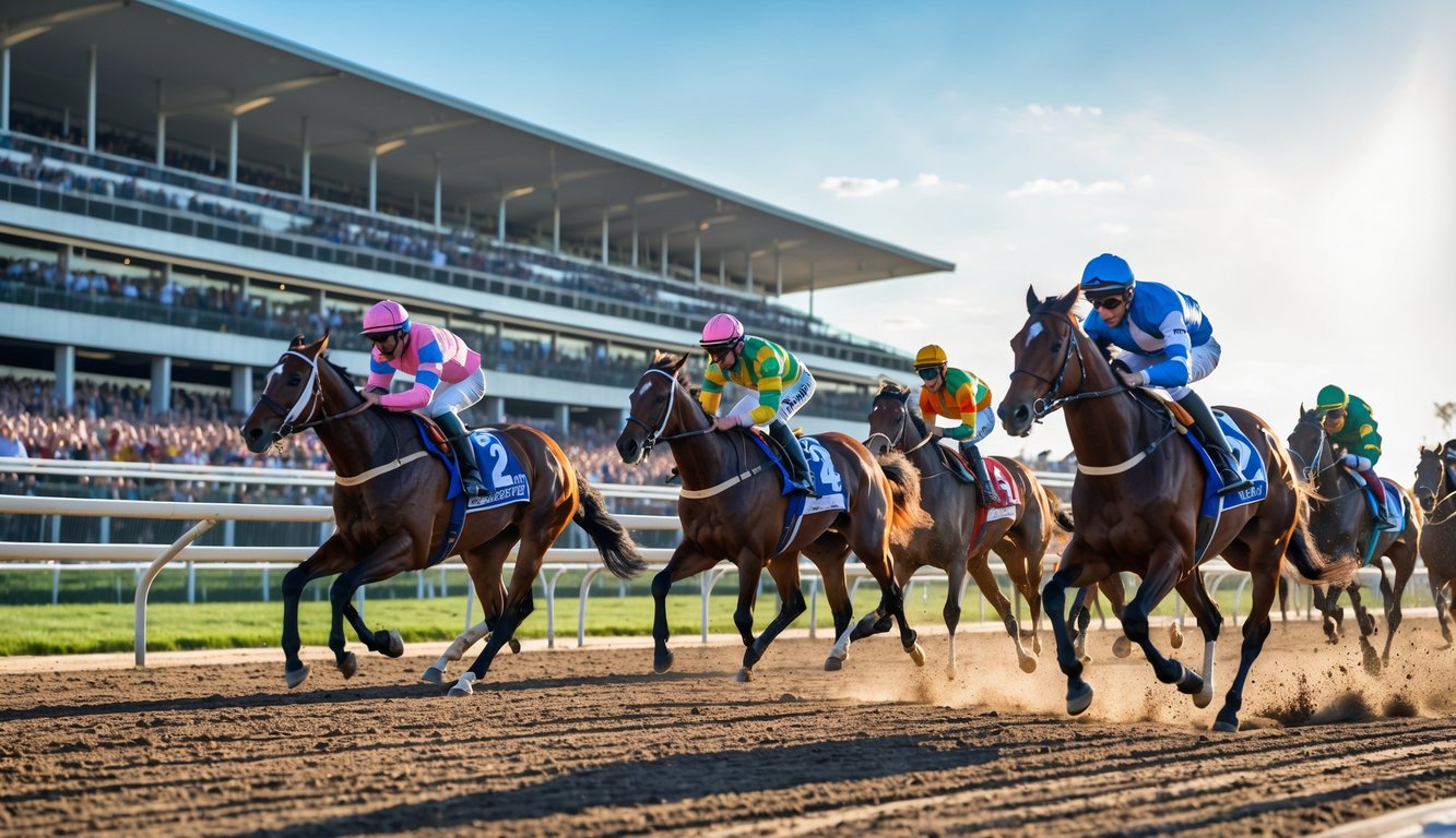 Adegan balap kuda dengan beberapa kuda dan joki yang sedang berlari di lintasan balap di depan tribun penonton yang penuh.