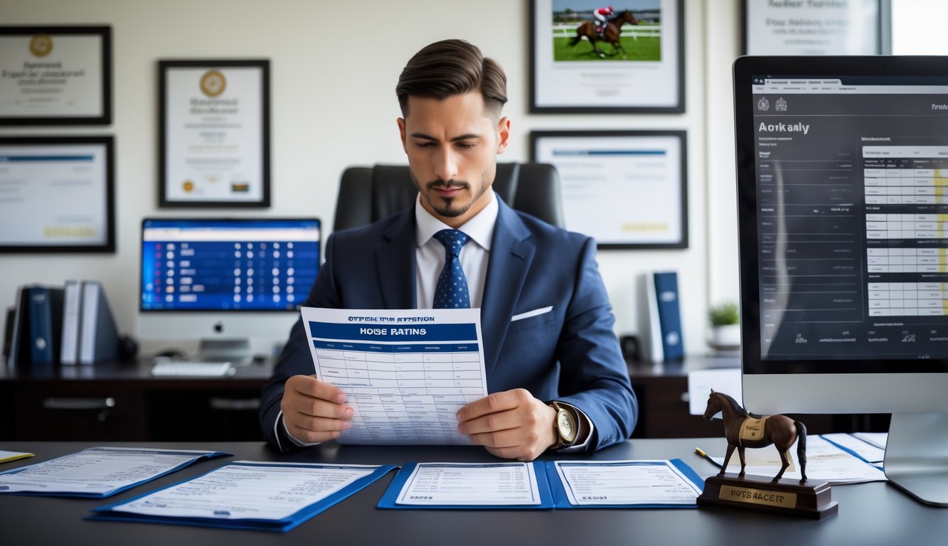 Seorang agen balap kuda resmi sedang meninjau dokumen lisensi di kantor modern dengan sertifikat di dinding dan perlengkapan balap kuda di meja.