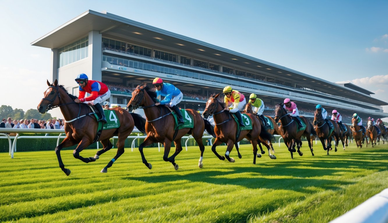 Beberapa joki menunggang kuda pacu di lintasan dengan tribun penonton dan langit cerah di latar belakang.