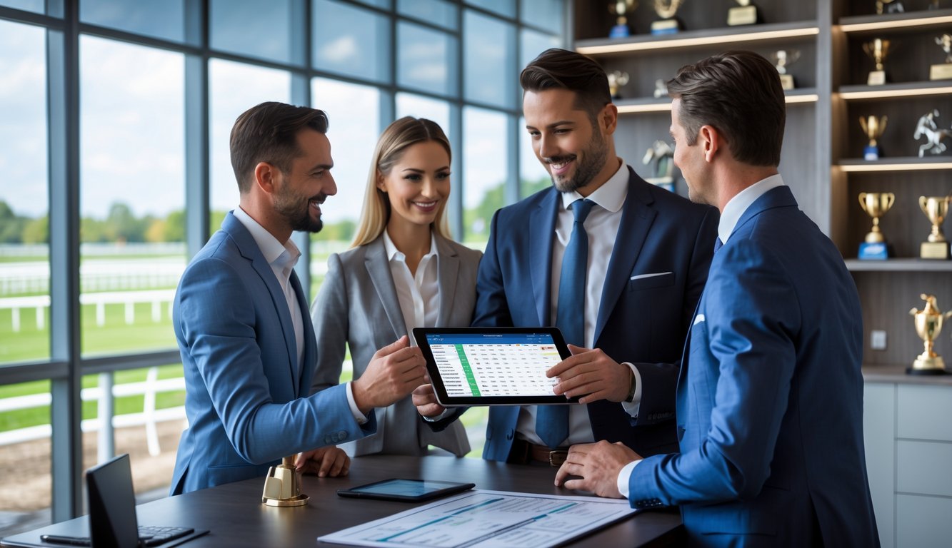 Seorang agen balap kuda profesional sedang berdiskusi dengan pemula dan profesional di kantor dengan pemandangan lintasan balap di luar jendela.