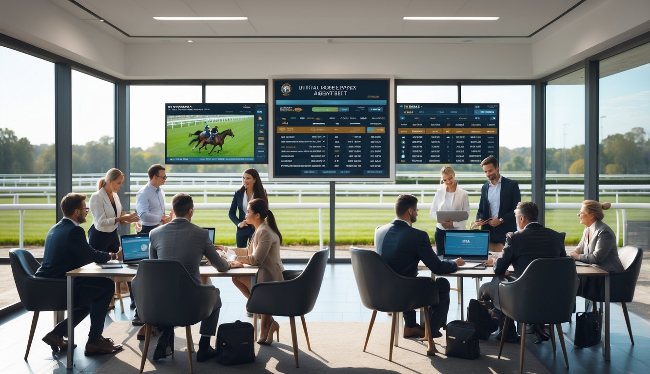 Kantor agen balap kuda resmi dengan orang-orang yang sedang berdiskusi dan memasang taruhan menggunakan perangkat digital, dengan latar belakang lintasan balap kuda yang terlihat melalui jendela besar.
