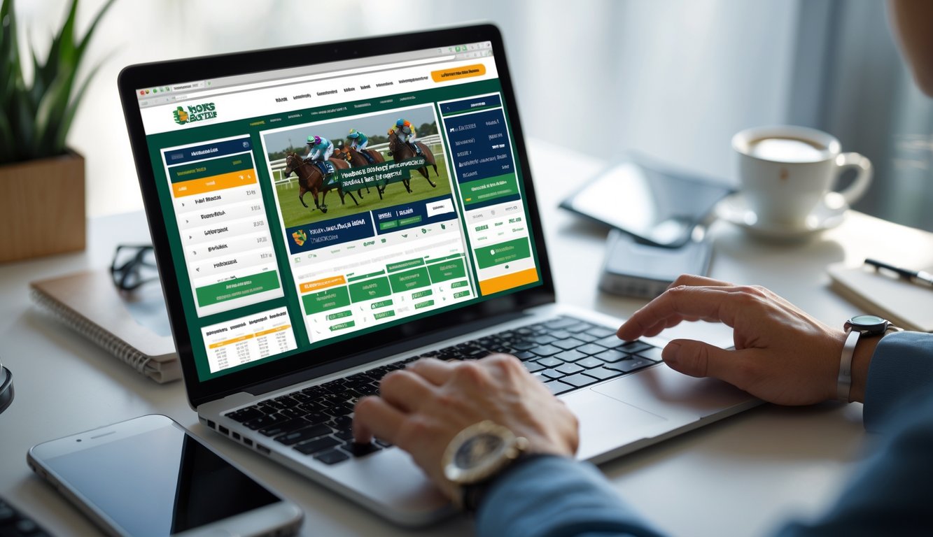 Seseorang menggunakan laptop dengan tampilan situs taruhan balap kuda online di meja kerja.