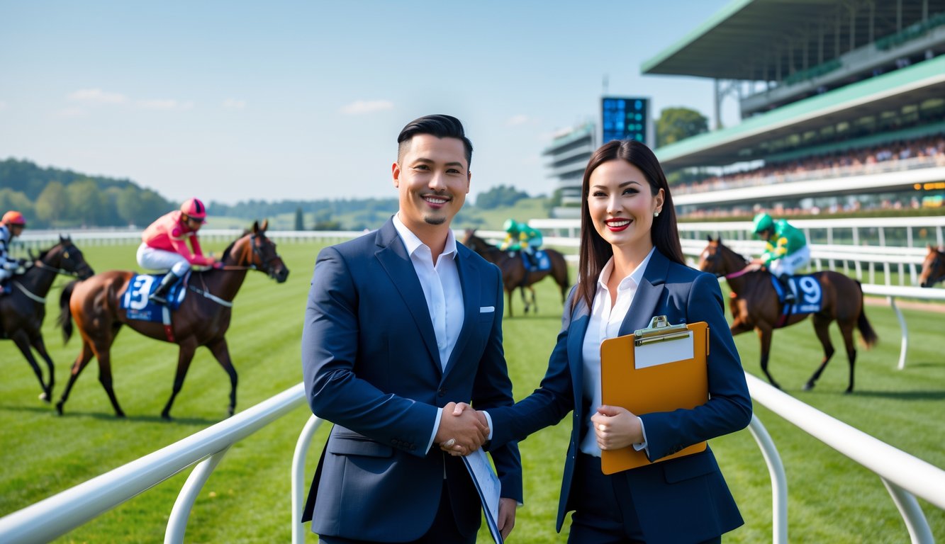 Seorang pria dan wanita berjabat tangan di depan lintasan balap kuda dengan beberapa kuda pacu dan joki yang bersiap berlomba.