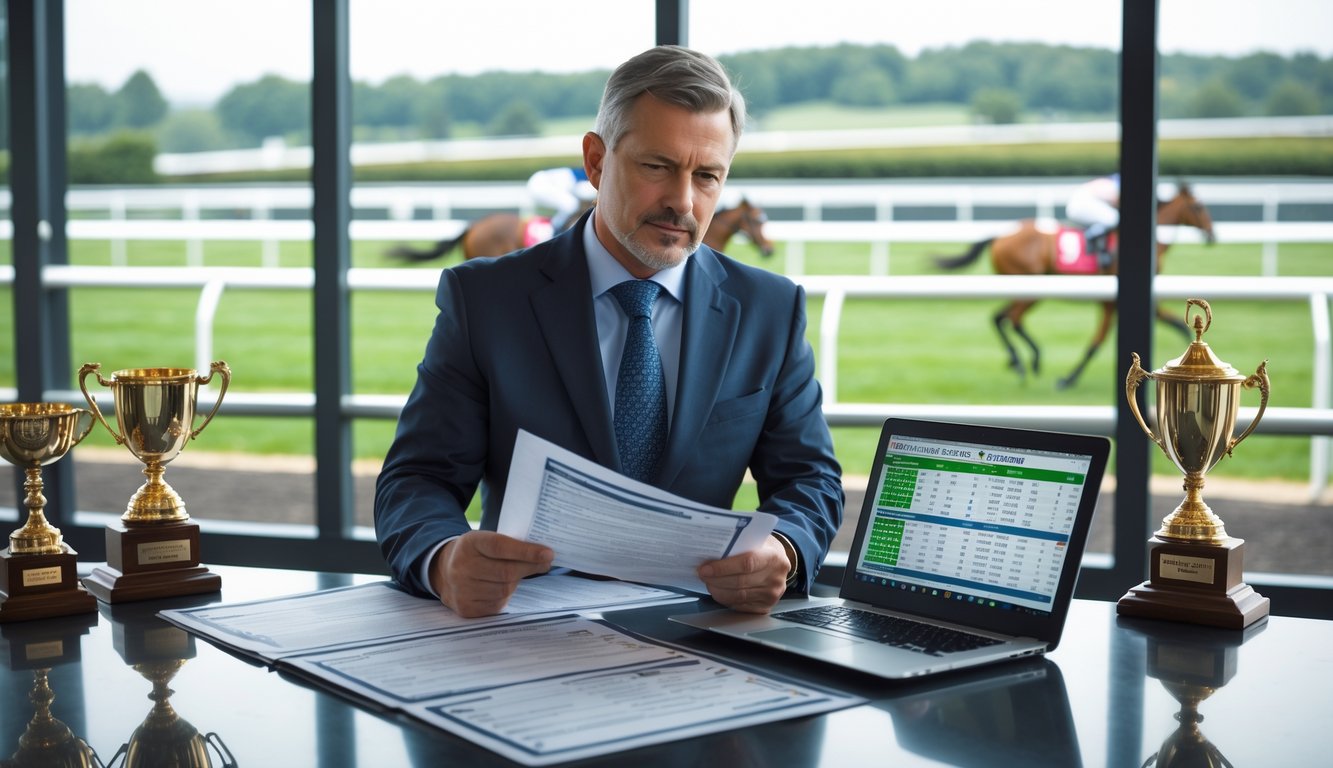 Seorang agen balap kuda sedang bekerja di kantor dengan dokumen dan laptop, latar belakang menunjukkan arena balap kuda.