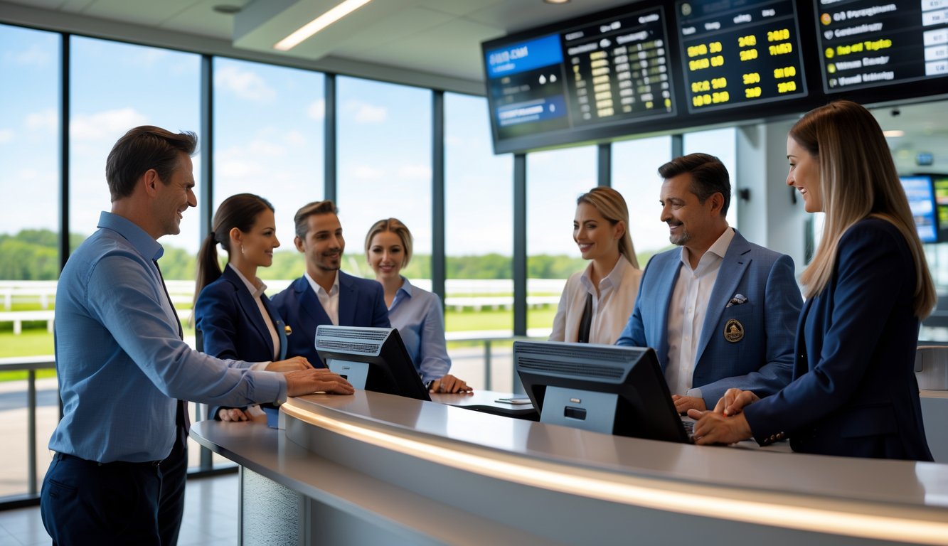 Suasana di agen taruhan balap kuda resmi dengan pelanggan dan staf yang sedang berinteraksi di konter taruhan yang modern dan aman.