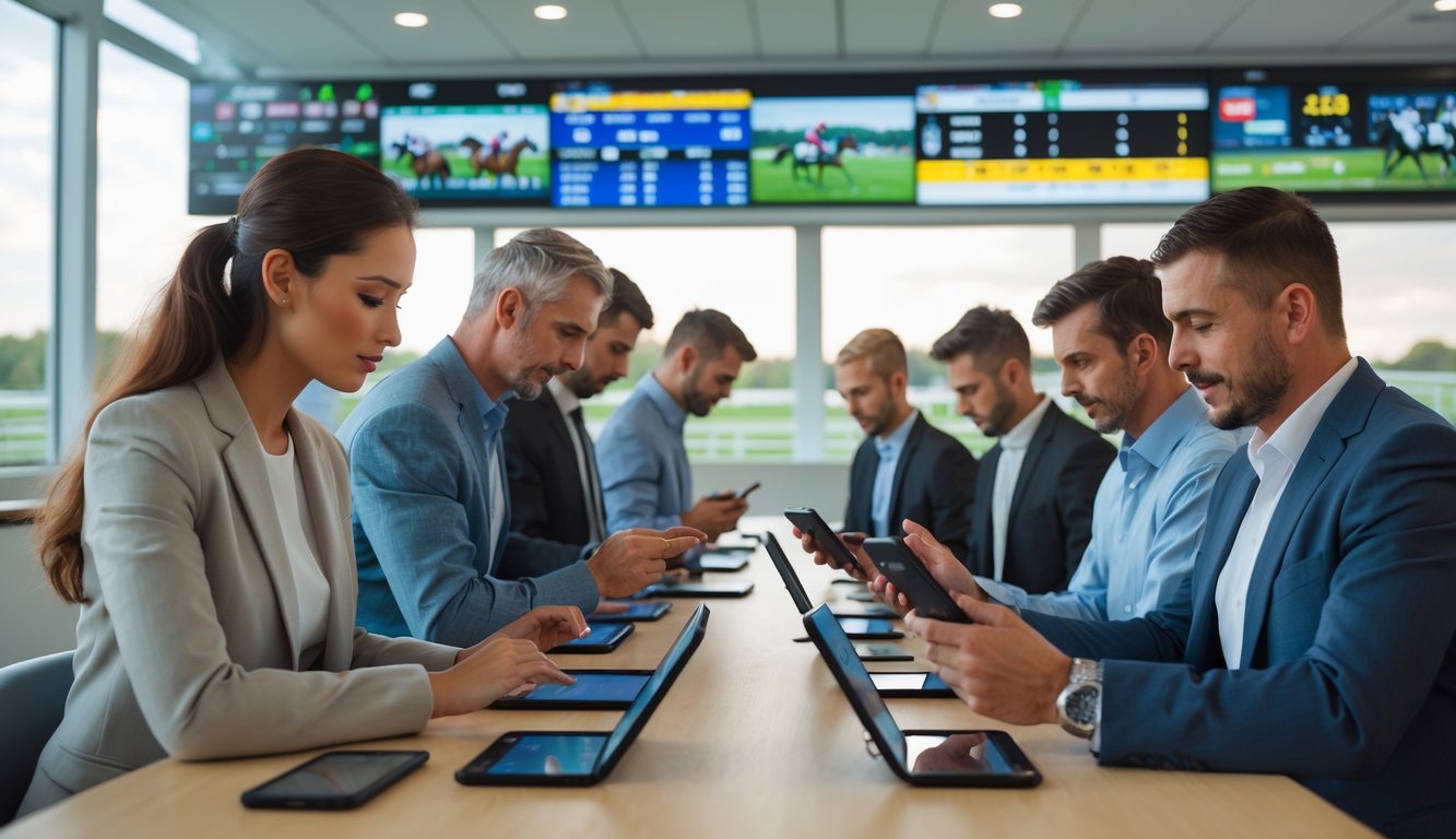 Orang-orang menggunakan perangkat digital untuk memasang taruhan balap kuda di sebuah kantor taruhan yang aman dan resmi.