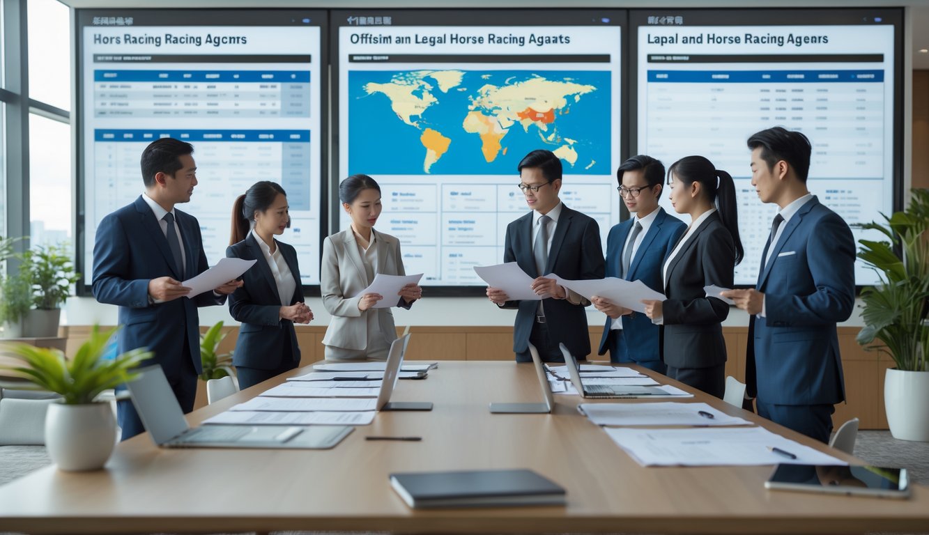 Sekelompok profesional sedang berdiskusi di kantor modern dengan layar digital yang menampilkan data balap kuda di Asia.