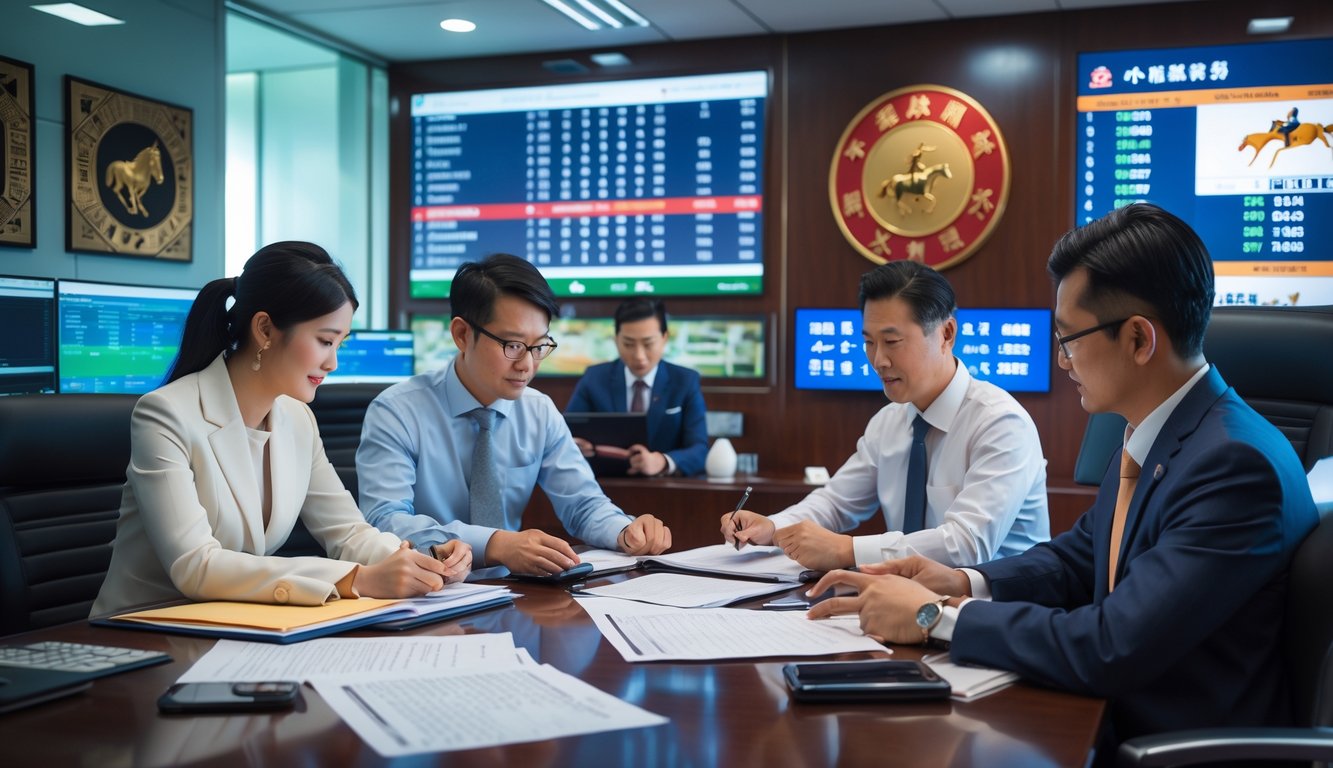 Sekelompok profesional sedang berdiskusi di kantor modern yang berhubungan dengan agen balap kuda resmi di Asia.