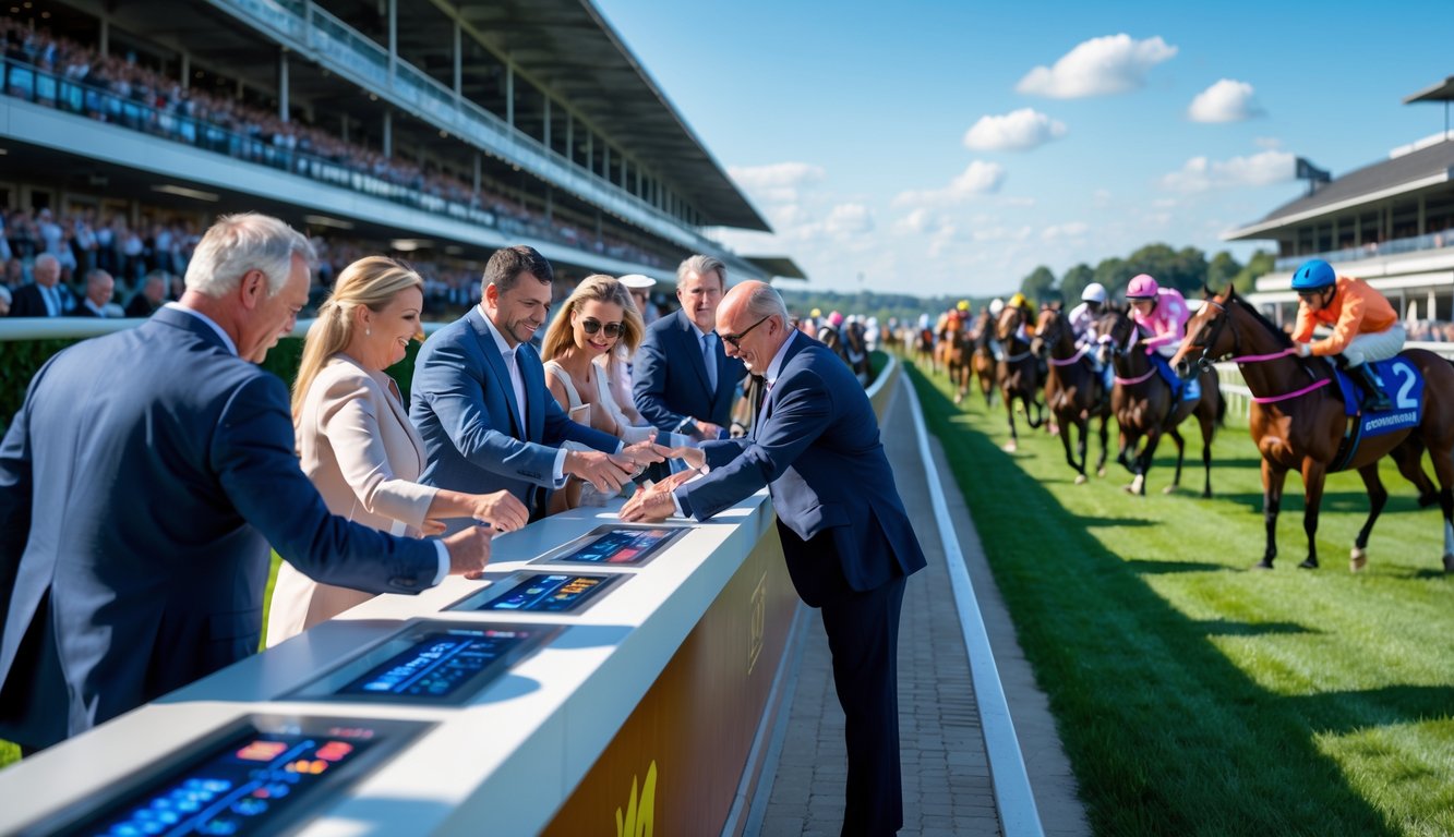 Orang-orang di arena balap kuda sedang memasang taruhan dengan latar belakang kuda pacu dan penonton di tribun.