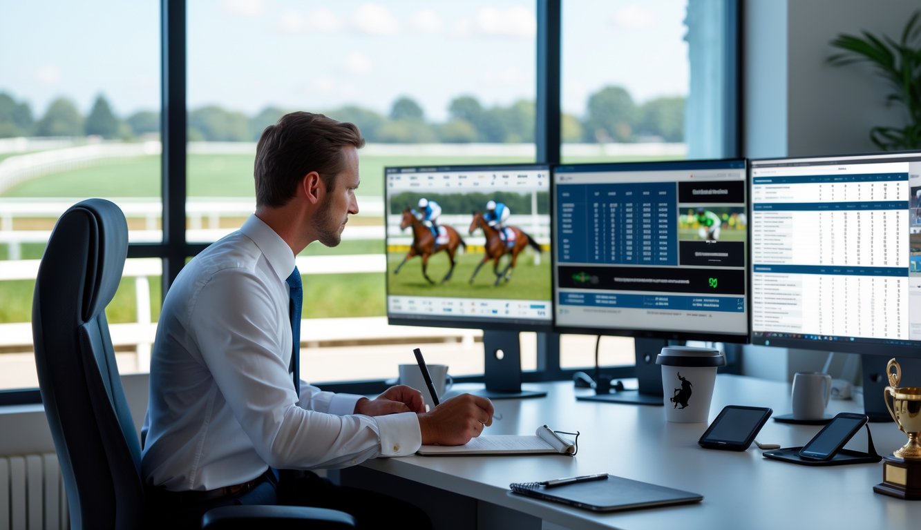 Seorang agen balap kuda resmi sedang bekerja di kantor dengan layar komputer menampilkan data balap kuda dan latar belakang trek balap dengan kuda yang sedang berlomba.