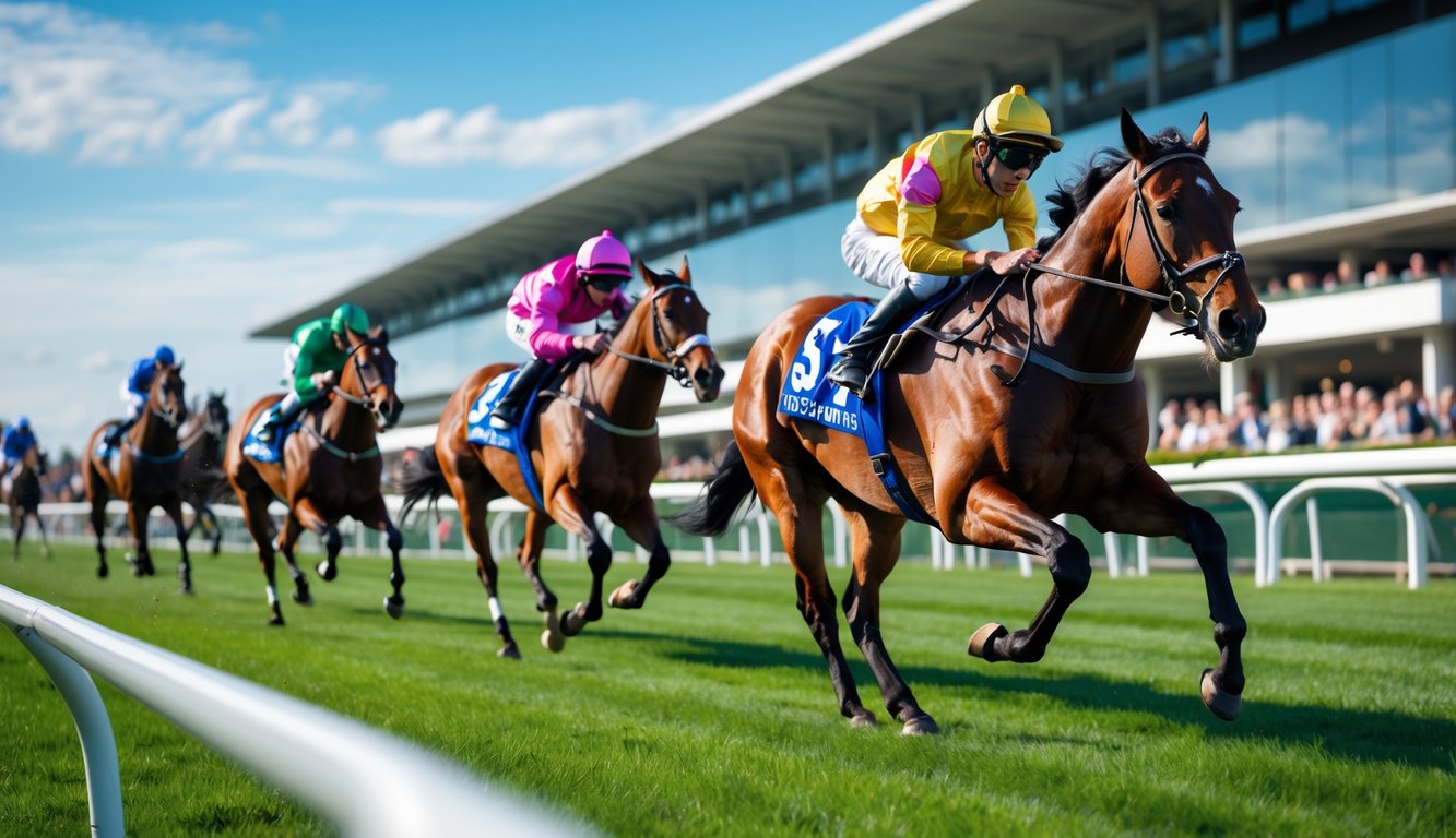 Lomba kuda di lintasan balap dengan joki mengenakan pakaian warna-warni dan penonton di tribun.