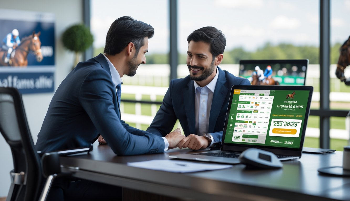 Seorang agen balap kuda sedang berbicara dengan klien di kantor dengan layar digital dan latar belakang lintasan pacuan kuda.