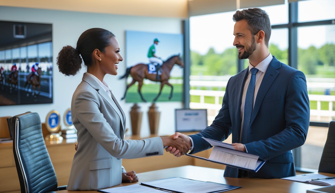 Seorang individu berjabat tangan dengan agen balap kuda di kantor modern dengan latar belakang gambar dan trofi balap kuda serta kuda pacu terlihat di luar jendela.