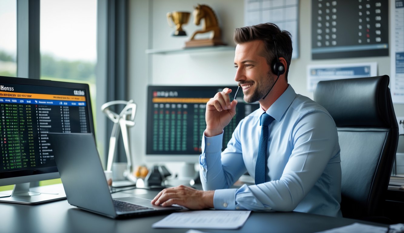 Seorang agen balap kuda profesional duduk di meja kantor dengan laptop dan monitor, terlihat fokus dan percaya diri dalam menganalisis data balap kuda.