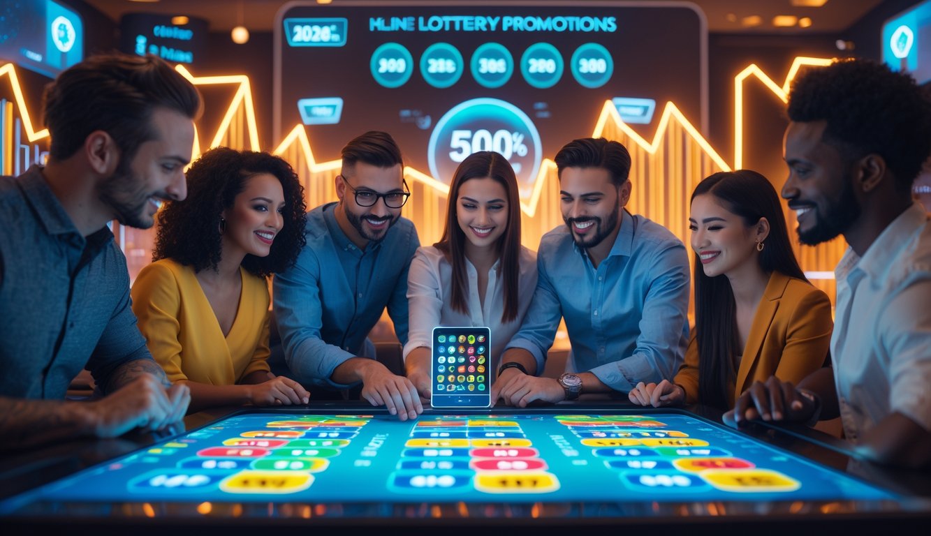 Sekelompok orang sedang berkumpul di sekitar meja layar sentuh yang menampilkan angka lotere dan grafik bonus, dalam suasana yang cerah dan dinamis.