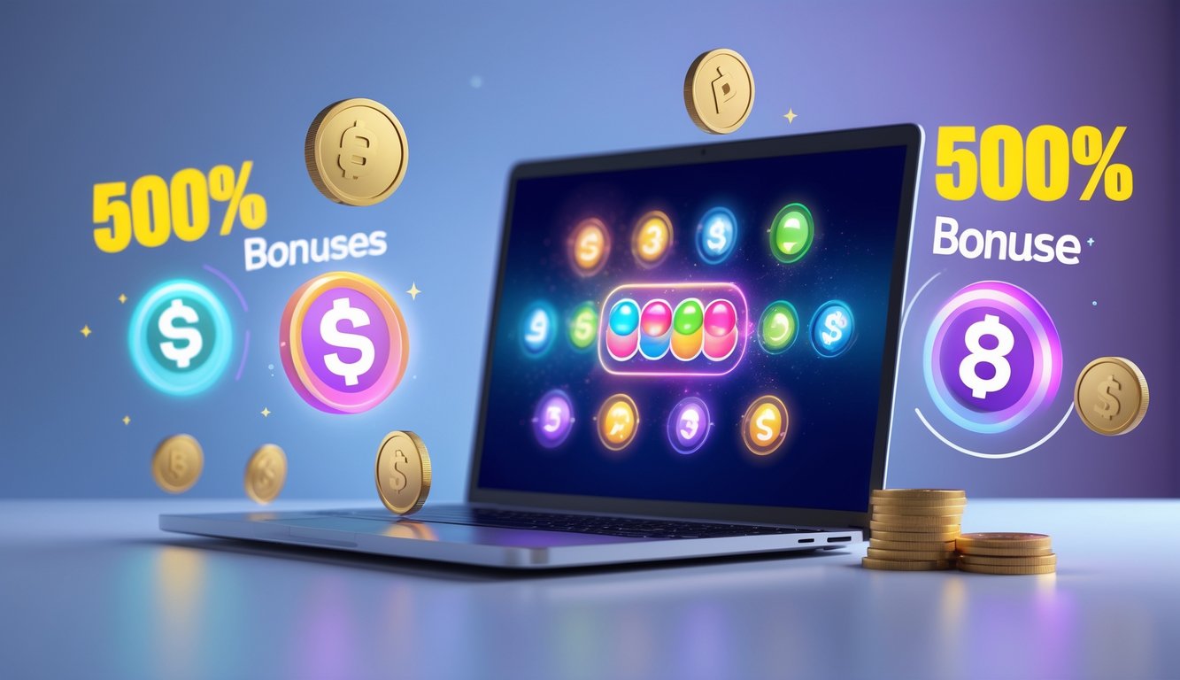 Sebuah laptop di meja modern dengan grafik warna-warni yang menggambarkan konsep lotere online dan bonus besar.