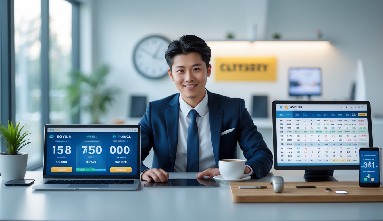 Seorang pria muda duduk di meja dengan laptop dan ponsel yang menampilkan angka lotere, di ruang kantor yang terang dan rapi.