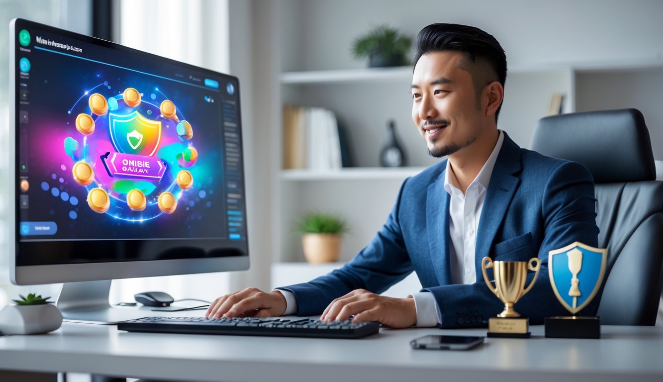 Seorang pria Asia duduk di meja kerja modern dengan komputer yang menampilkan grafik digital, di ruang kerja rumah yang rapi dan terang.