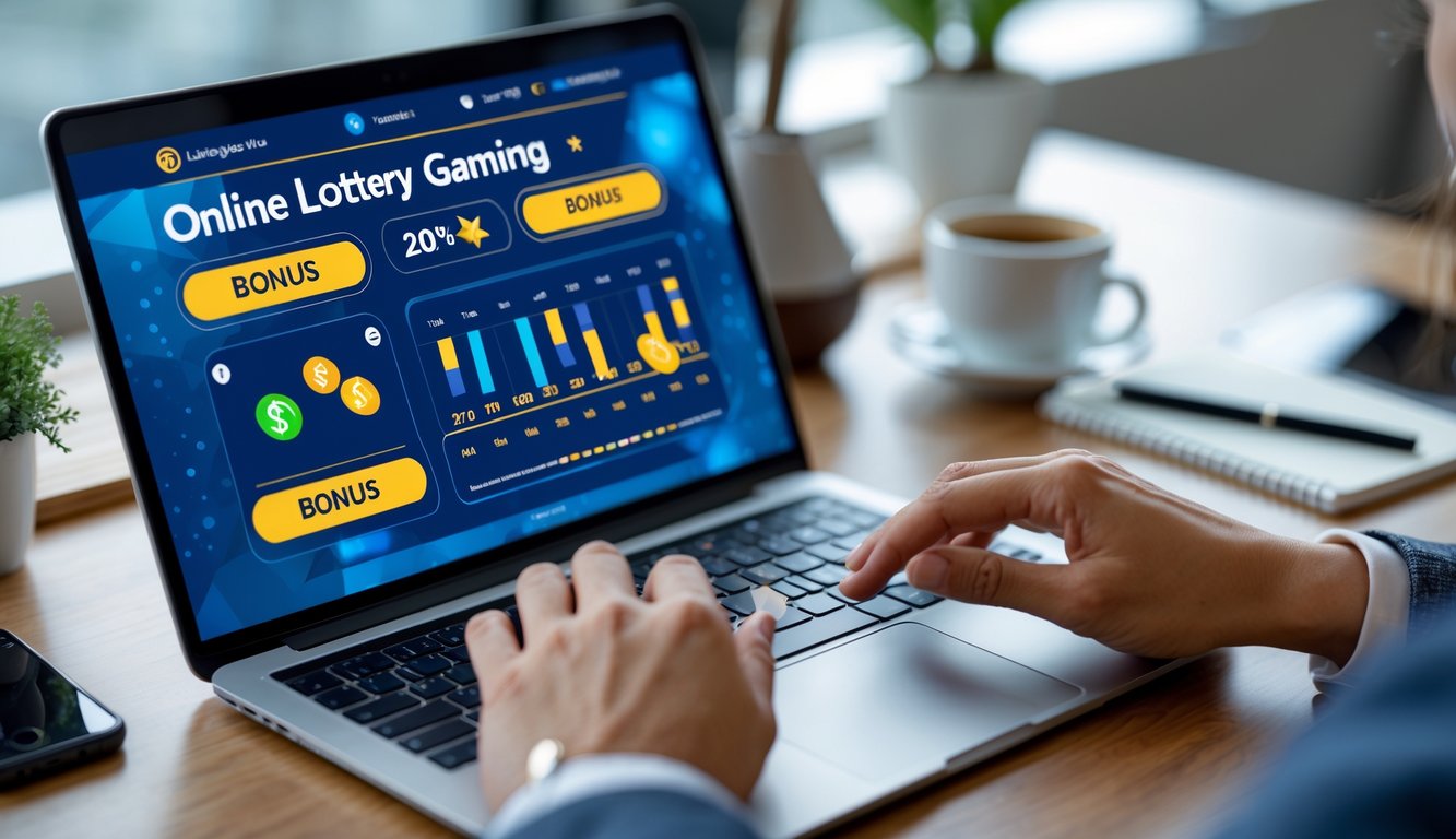 Seseorang menggunakan laptop di meja kerja dengan tampilan situs togel online di layar, dikelilingi oleh smartphone, cangkir kopi, dan buku catatan.