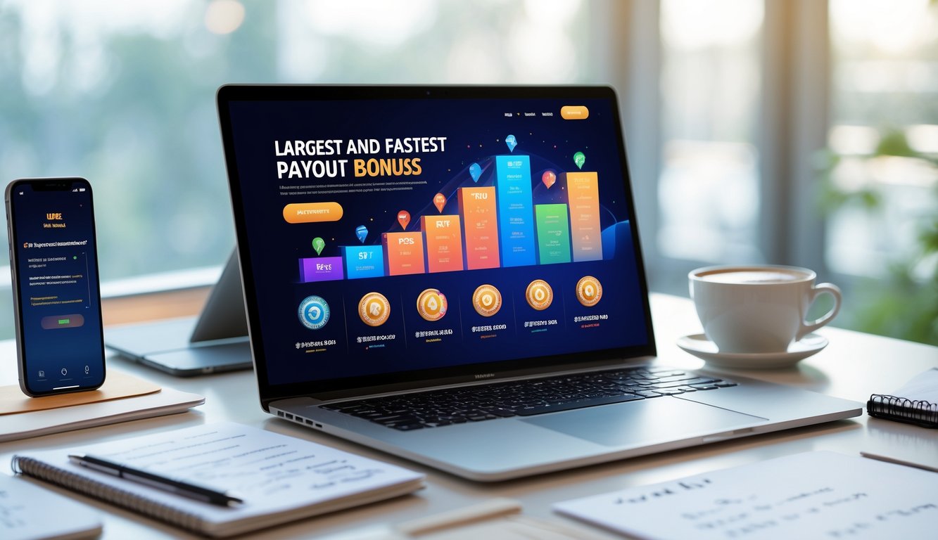 Meja kerja modern dengan laptop yang menampilkan antarmuka situs togel online, ponsel dengan notifikasi, cangkir kopi, dan buku catatan di ruangan kantor yang terang.