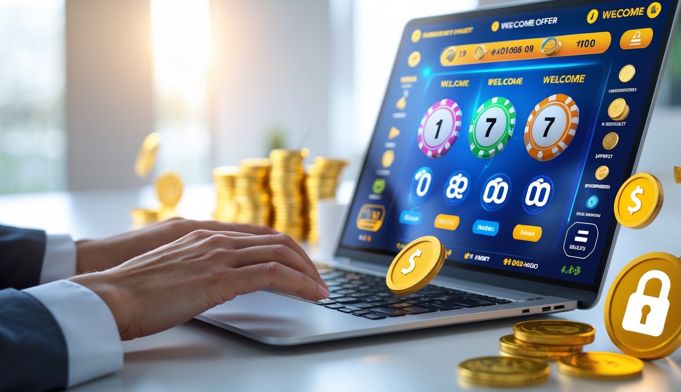Seseorang menggunakan komputer dengan tampilan antarmuka permainan togel online dan simbol koin emas serta ikon keamanan di sekitarnya.