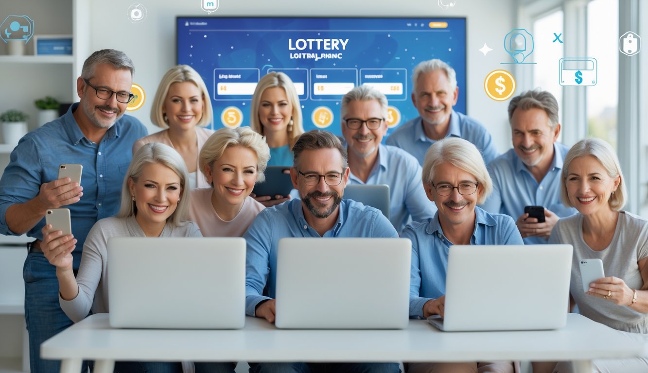 Sekelompok orang menggunakan laptop dan ponsel di ruangan terang, menikmati pengalaman bermain togel online dengan suasana nyaman dan aman.