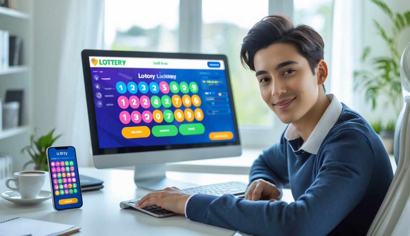 Seorang dewasa muda duduk di meja dengan laptop dan ponsel yang menampilkan antarmuka permainan togel online, terlihat nyaman dan percaya diri di ruang kerja yang terang.