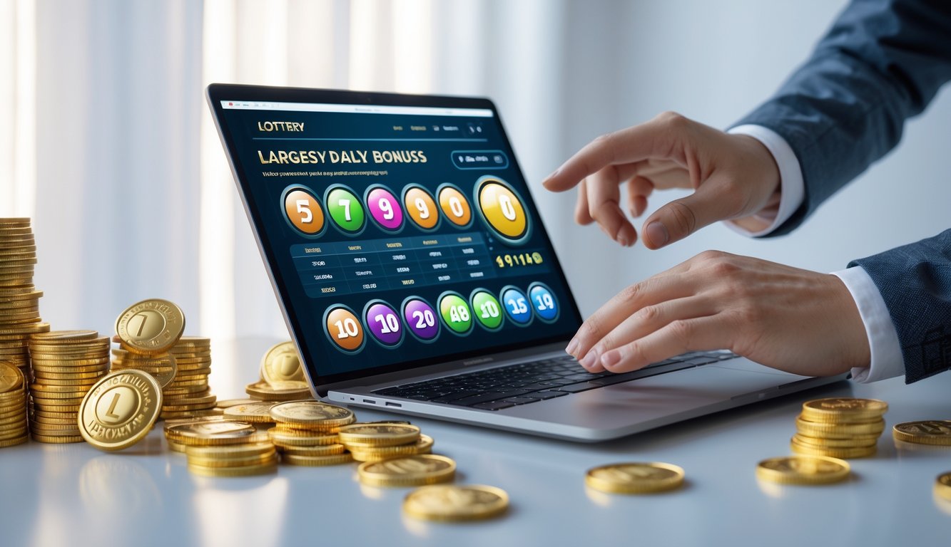 Seseorang menggunakan laptop dengan tampilan antarmuka lotere online dan koin emas di meja.