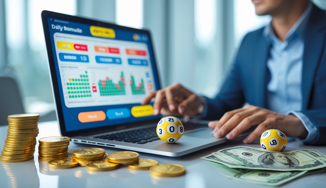 Seorang dewasa muda menggunakan laptop di meja kerja modern dengan koin emas dan bola togel di sekitarnya.