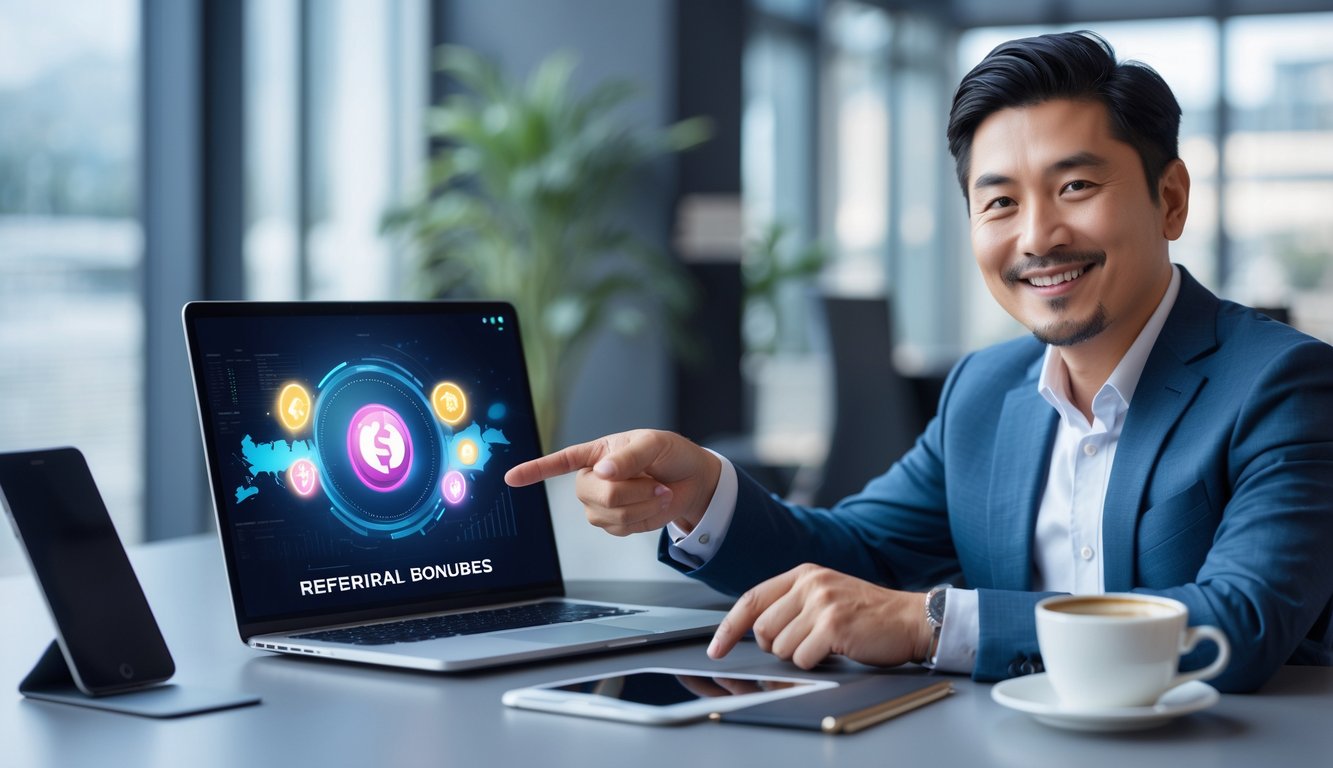 Seorang pria dewasa duduk di meja kantor modern sambil tersenyum dan menunjuk layar laptop yang menampilkan grafik digital terkait permainan online dan bonus referral.