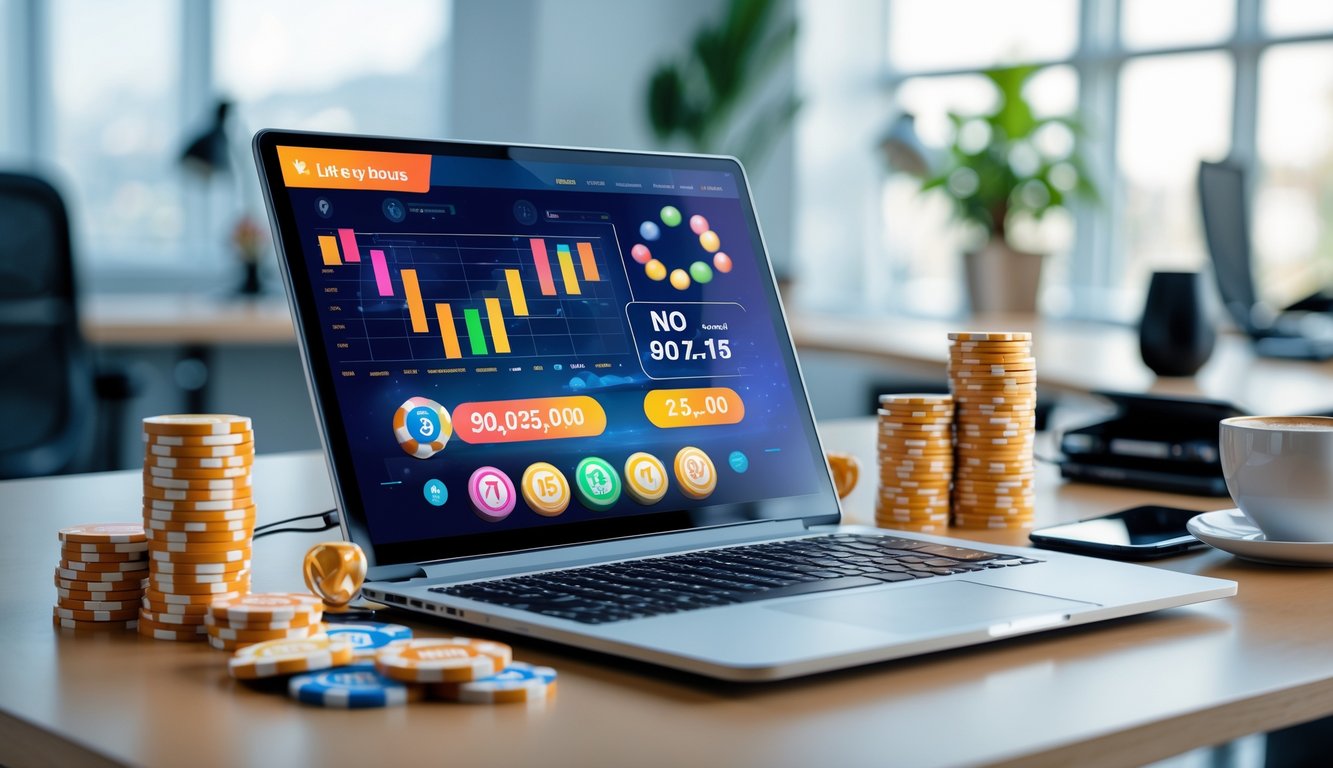 Meja kerja modern dengan laptop yang menampilkan situs permainan lotere online, chip dan bola lotere di atas meja, di ruangan kantor yang terang dan rapi.