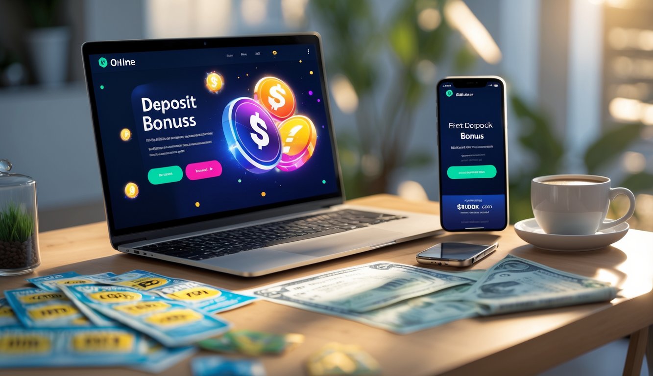 Meja kerja modern dengan laptop dan ponsel yang menampilkan antarmuka situs togel online dan notifikasi bonus deposit pertama, dilengkapi tiket togel dan dokumen keuangan.
