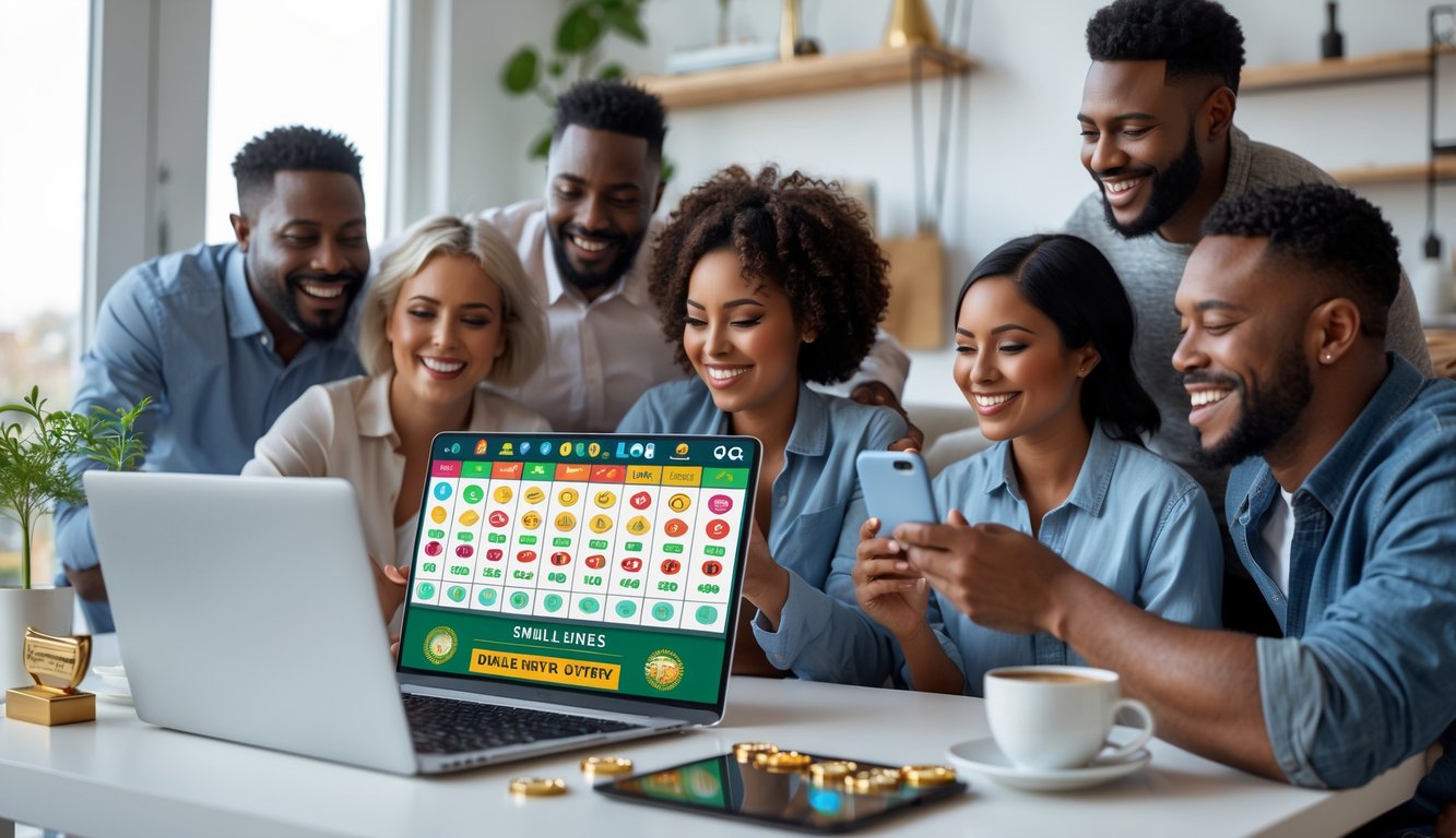 Sekelompok orang dewasa yang bahagia sedang menggunakan laptop dan ponsel untuk bermain togel online di ruangan yang terang dan nyaman.