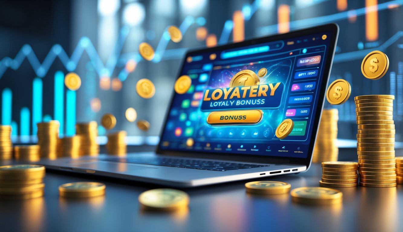 Seorang pemain menggunakan laptop di meja kerja dengan tampilan situs togel online dan simbol koin emas serta grafik di latar belakang.