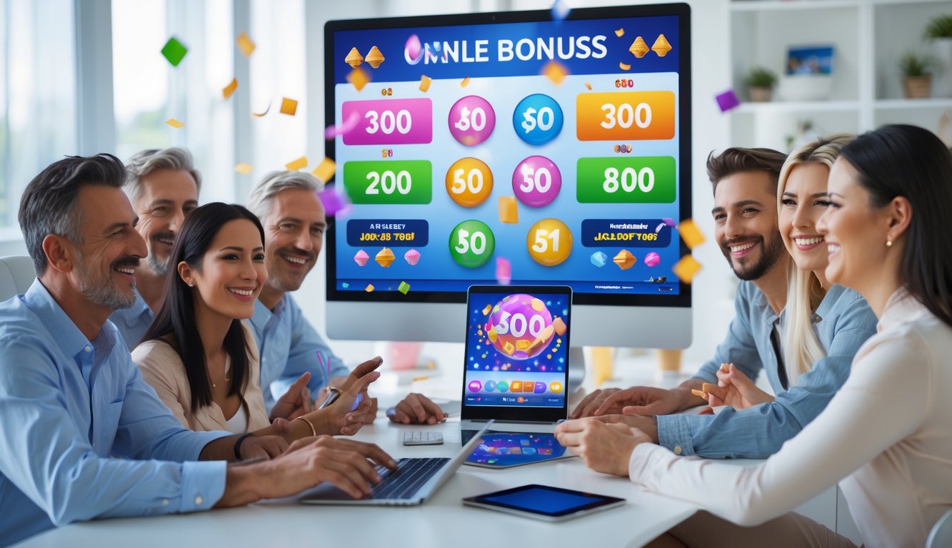 Sekelompok orang bahagia berkumpul di sekitar komputer dengan tampilan angka lotere dan simbol jackpot, di dalam ruangan modern dan terang.