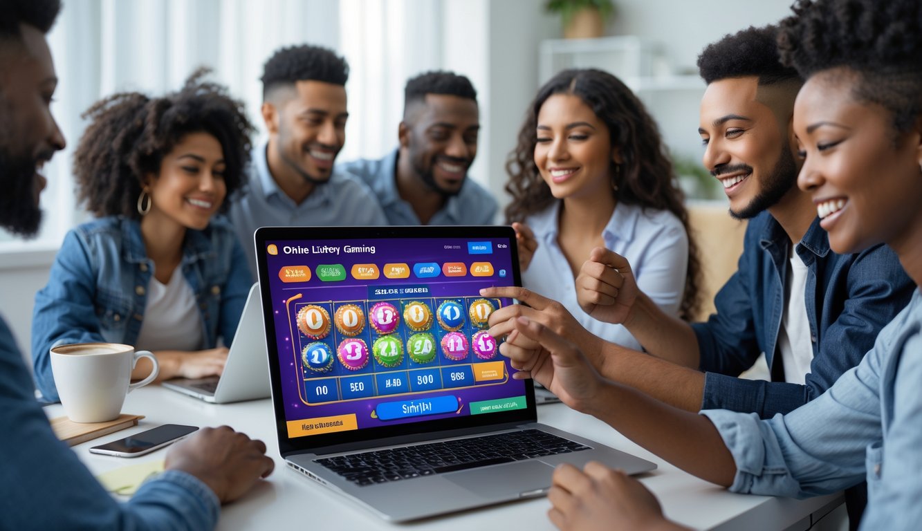 Orang-orang yang tersenyum menggunakan komputer untuk bermain togel online di lingkungan rumah atau kantor yang nyaman.