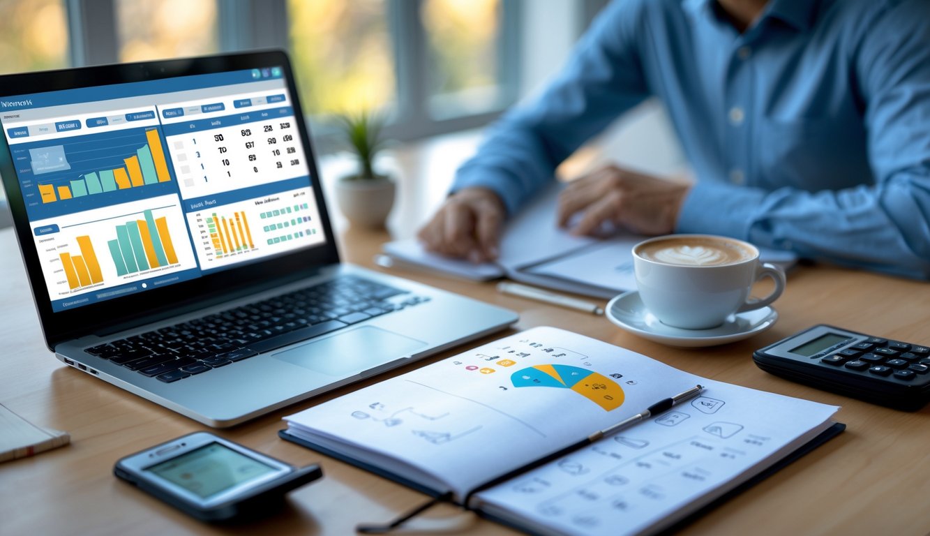 Sebuah meja kerja dengan laptop yang menampilkan grafik angka, buku catatan dengan pola angka, kalkulator, dan cangkir kopi, seseorang sedang menganalisis data.