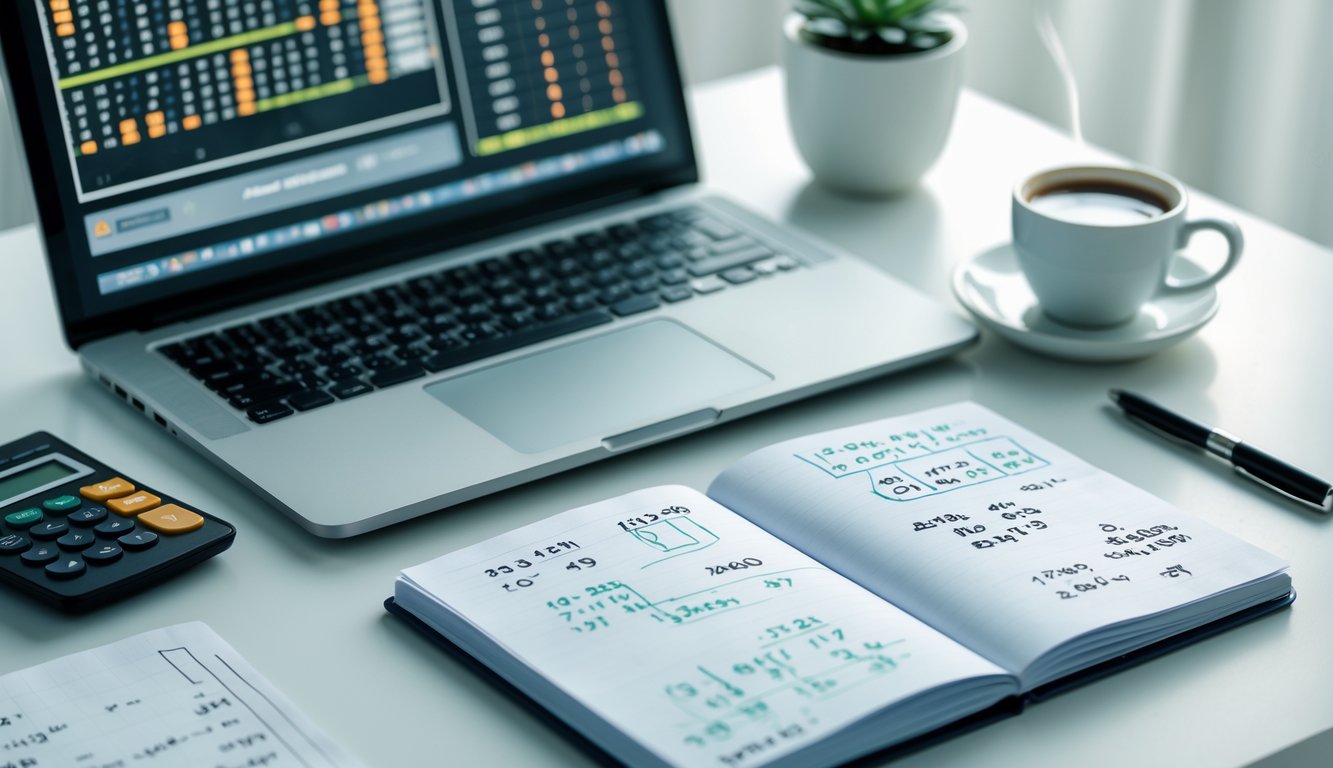Meja kerja dengan laptop, buku catatan, kalkulator, dan cangkir kopi yang menunjukkan suasana belajar pola dan angka dalam Togel online.