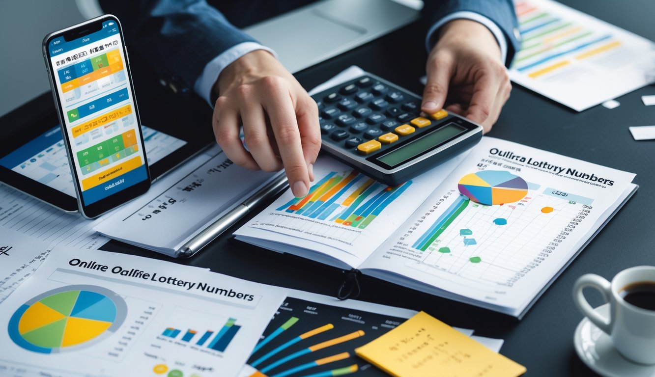 Sebuah meja kerja dengan laptop yang menampilkan grafik statistik, tangan seseorang menggunakan kalkulator dan menulis catatan, serta smartphone dengan aplikasi togel online.