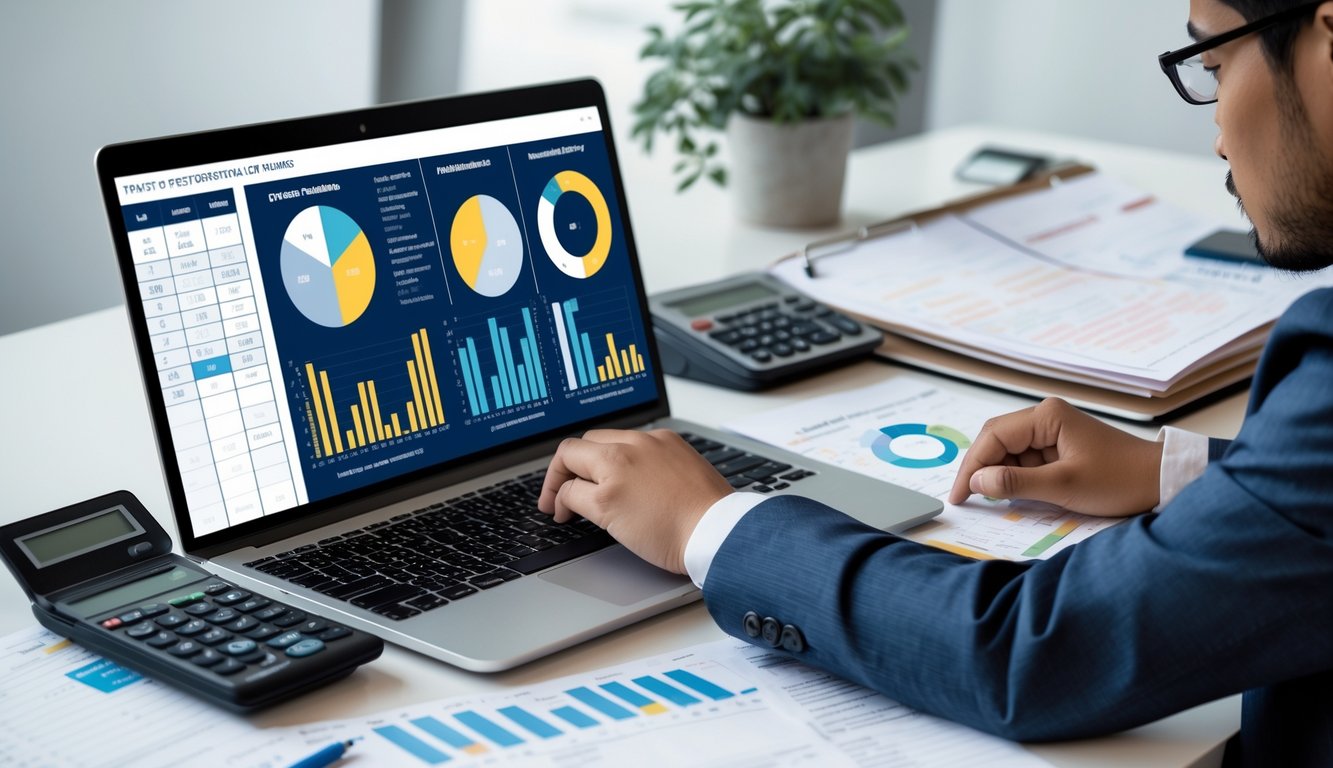 Seseorang sedang menganalisis data statistik di depan laptop dengan grafik dan catatan di meja kerja.