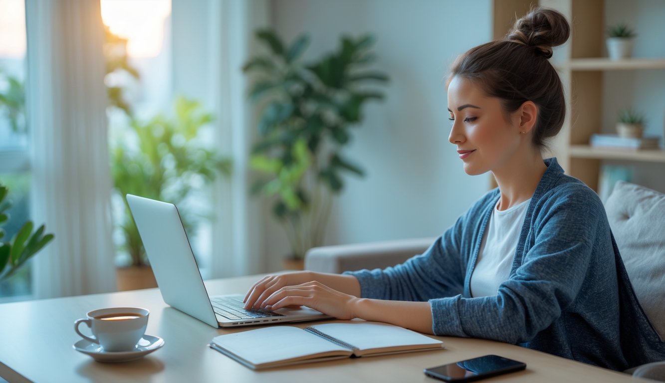 Seseorang duduk di ruang tamu yang nyaman menggunakan laptop untuk bermain togel online dengan suasana tenang dan aman.