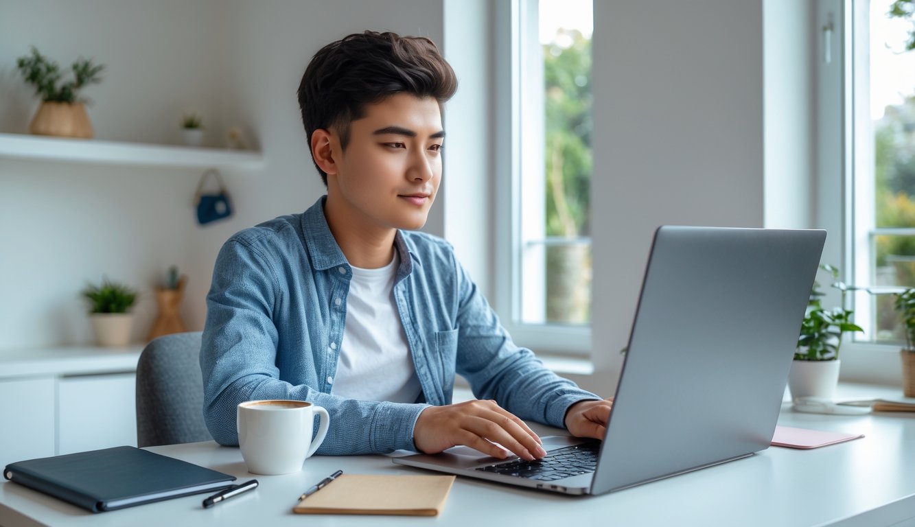 Seorang dewasa muda duduk di meja rumah yang rapi, fokus menggunakan laptop untuk bermain togel online dengan suasana tenang dan aman.