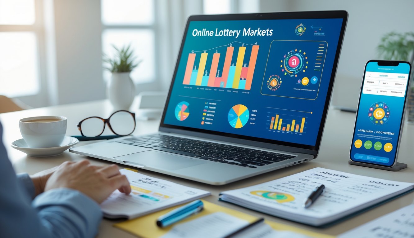Meja kerja dengan laptop, ponsel, dan catatan yang menunjukkan aktivitas terkait pasaran togel online.