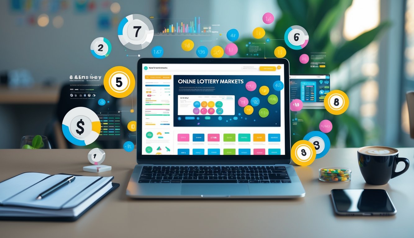Seorang pria duduk di meja kerja dengan laptop yang menampilkan situs togel online, dikelilingi oleh bola togel berwarna-warni dan grafik, menunjukkan konsep pasaran togel online.