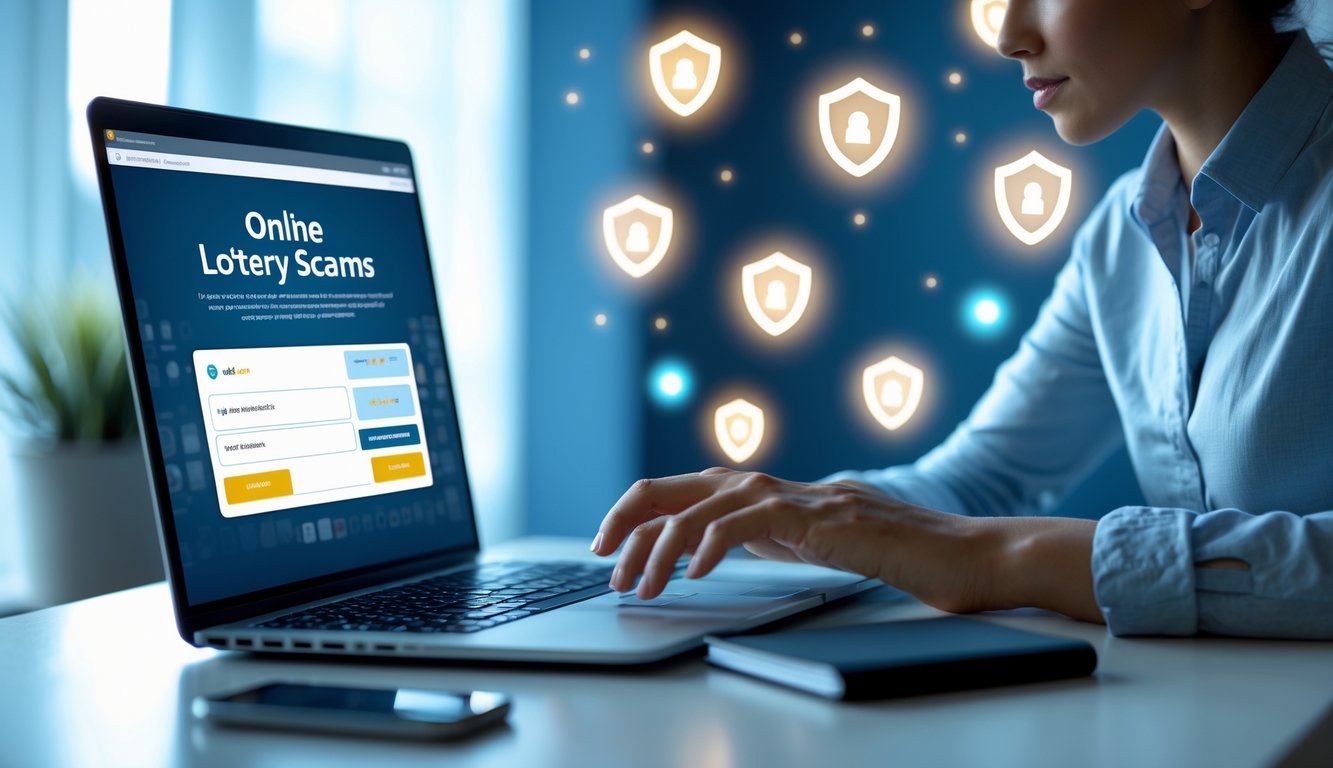 Seseorang duduk di depan laptop sambil memeriksa informasi dengan latar belakang ikon keamanan digital.