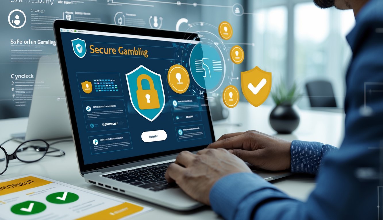 Seorang pengguna laptop di meja kerja dengan ikon keamanan digital yang menunjukkan aktivitas judi online yang aman.