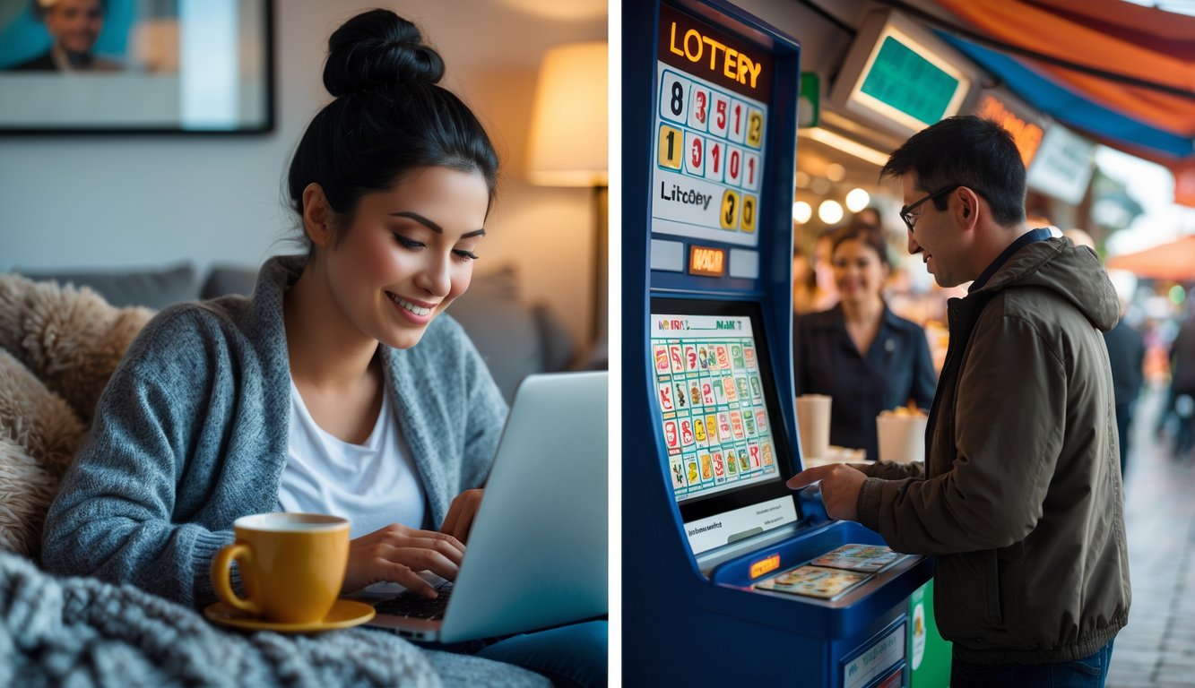 Seseorang bermain togel online di laptop di rumah dan seseorang membeli tiket togel secara langsung di kios tradisional.